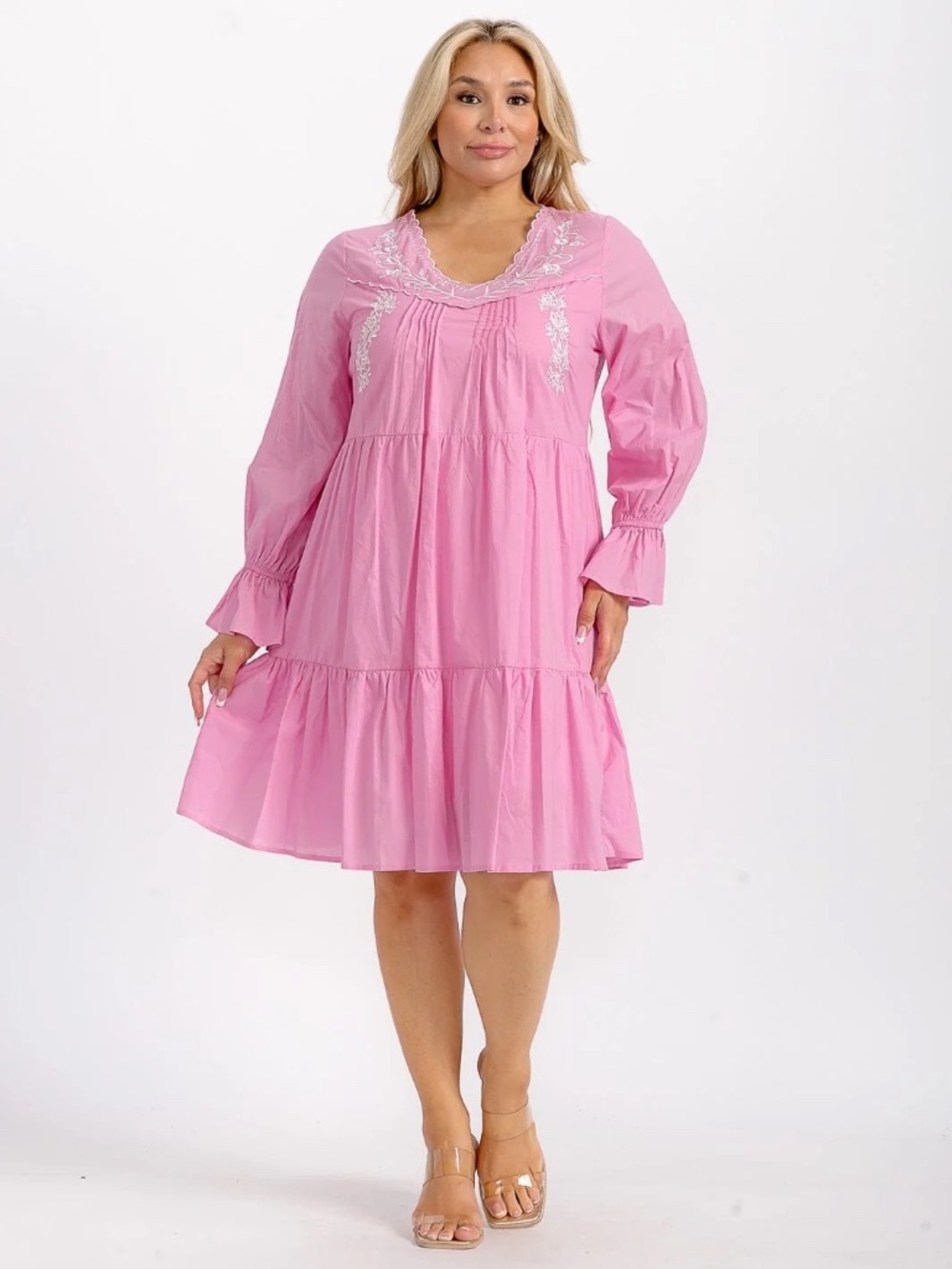 "Angela Plus" Plus Size Long Sleeve V-neck Tunic Tiered Embroidery Mini Dress